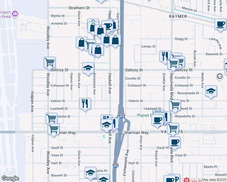 map of restaurants, bars, coffee shops, grocery stores, and more near 7438 Haskell Avenue in Los Angeles