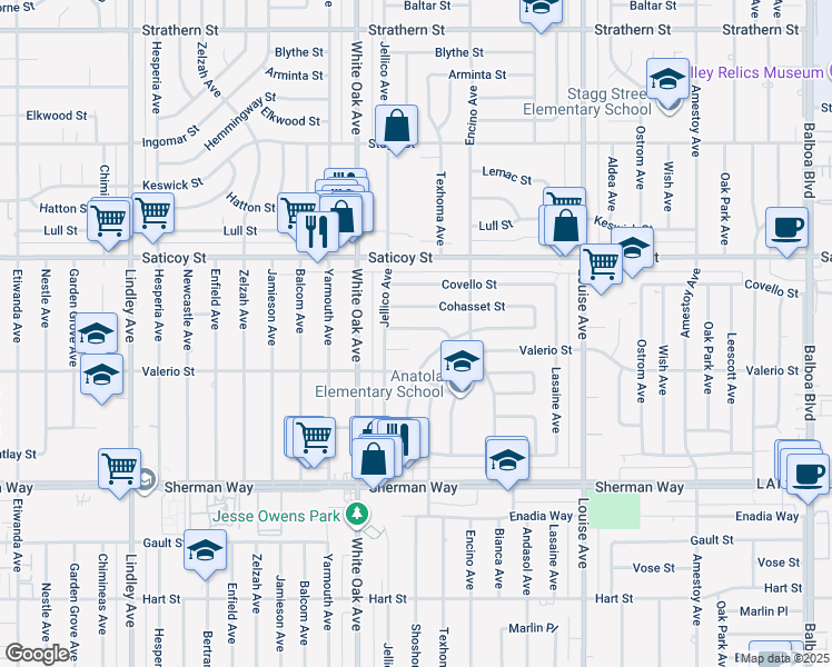 map of restaurants, bars, coffee shops, grocery stores, and more near 17600 Runnymede Street in Los Angeles