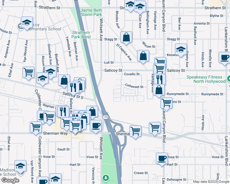 map of restaurants, bars, coffee shops, grocery stores, and more near 7435 Shadyglade Avenue in Los Angeles