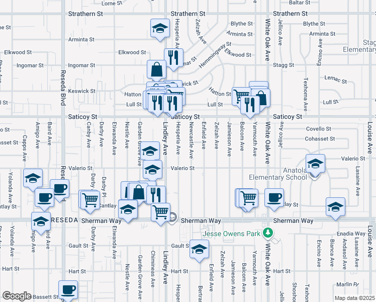 map of restaurants, bars, coffee shops, grocery stores, and more near 7441 Newcastle Avenue in Los Angeles