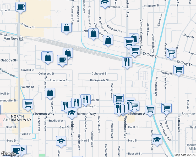 map of restaurants, bars, coffee shops, grocery stores, and more near 7439 Ranchito Avenue in Los Angeles