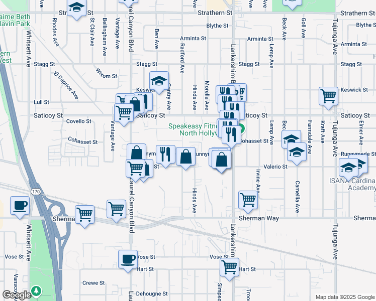 map of restaurants, bars, coffee shops, grocery stores, and more near 11841 Runnymede Street in Los Angeles