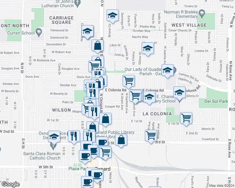 map of restaurants, bars, coffee shops, grocery stores, and more near 414 North Hayes Avenue in Oxnard