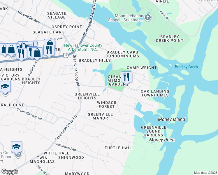 map of restaurants, bars, coffee shops, grocery stores, and more near 6318 Greenville Sound Road in Wilmington