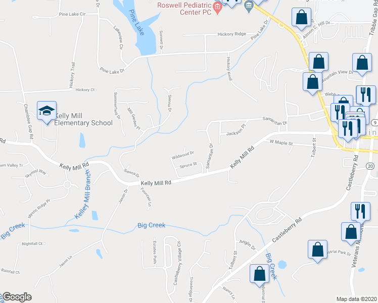 map of restaurants, bars, coffee shops, grocery stores, and more near 108 Wildwood Drive in Cumming