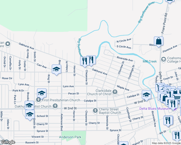 map of restaurants, bars, coffee shops, grocery stores, and more near 506 Pine Street in Clarksdale