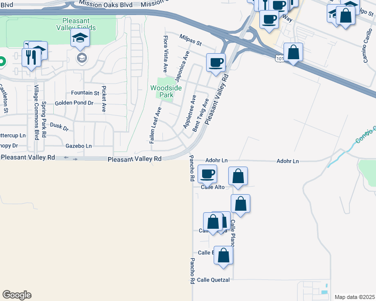 map of restaurants, bars, coffee shops, grocery stores, and more near Pleasant Valley Rd & Pancho Rd in Camarillo