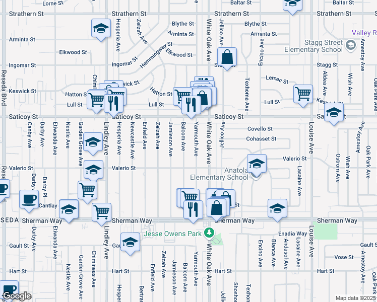 map of restaurants, bars, coffee shops, grocery stores, and more near 7442 Balcom Avenue in Los Angeles
