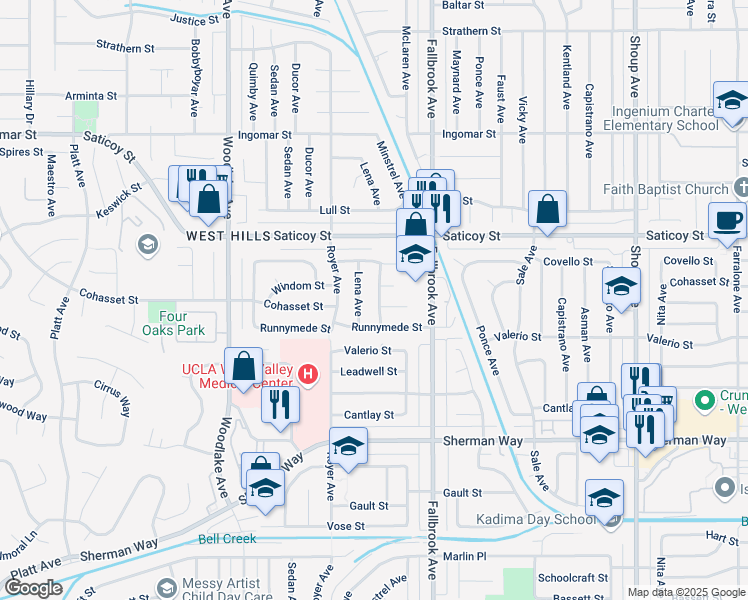 map of restaurants, bars, coffee shops, grocery stores, and more near 7461 Minstrel Avenue in Los Angeles