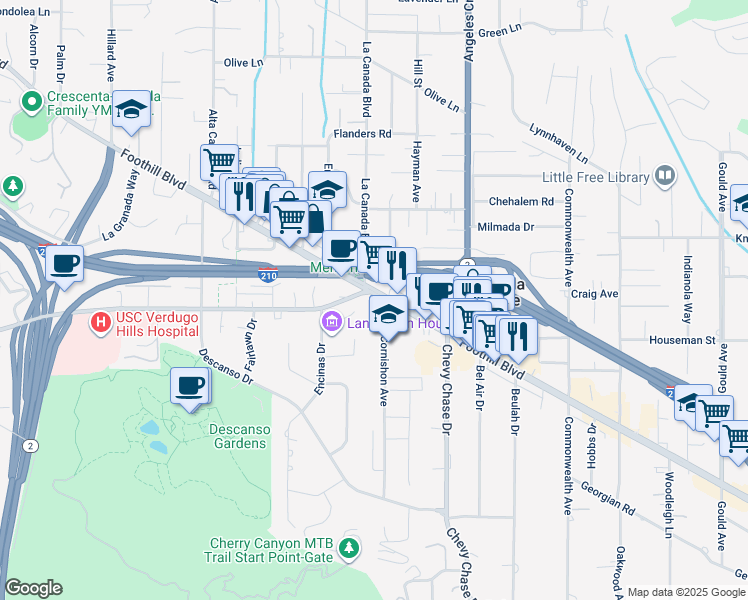 map of restaurants, bars, coffee shops, grocery stores, and more near 1150 Foothill Boulevard in La Cañada Flintridge