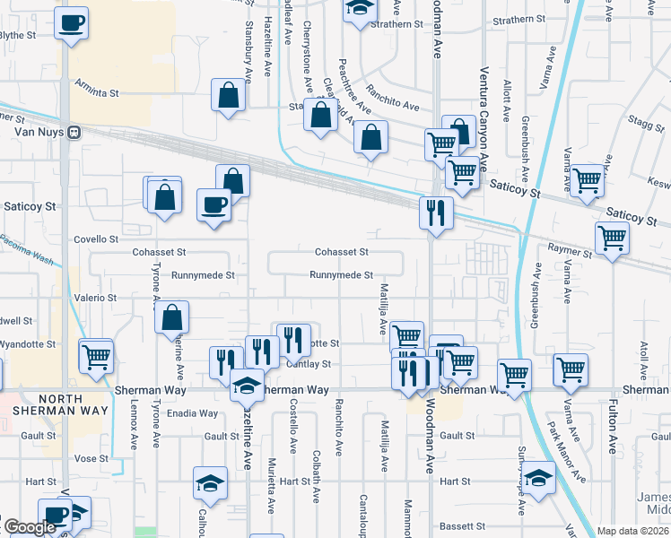 map of restaurants, bars, coffee shops, grocery stores, and more near 13901 Runnymede Street in Los Angeles