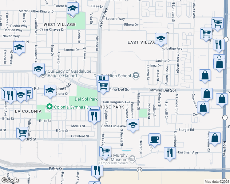 map of restaurants, bars, coffee shops, grocery stores, and more near 1910 Camino Del Sol in Oxnard