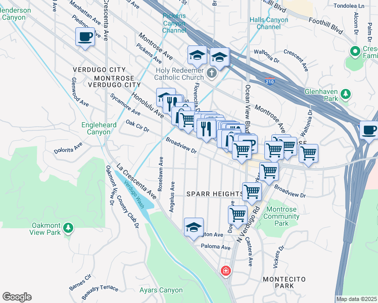 map of restaurants, bars, coffee shops, grocery stores, and more near 3658 Sierra Vista Avenue in Glendale