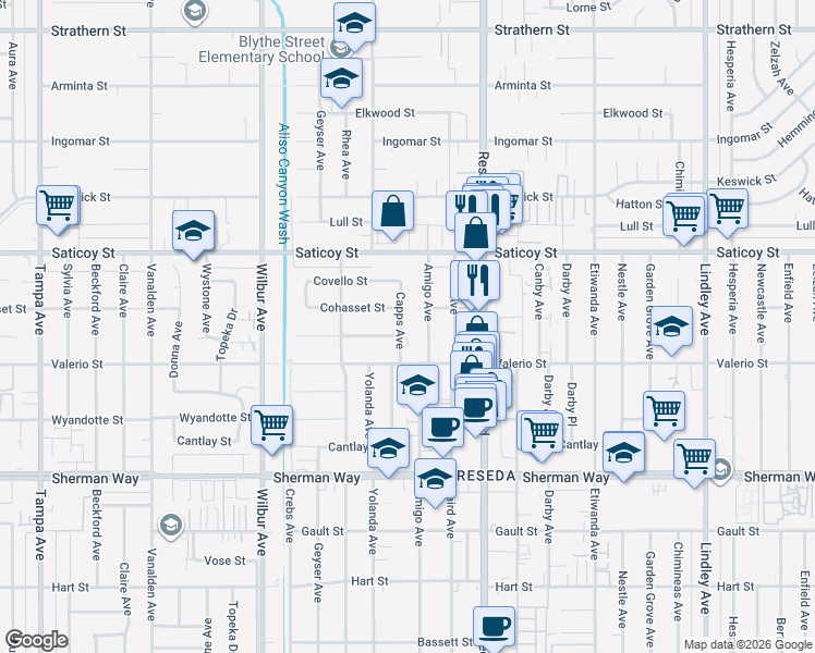 map of restaurants, bars, coffee shops, grocery stores, and more near 7442 Capps Avenue in Los Angeles
