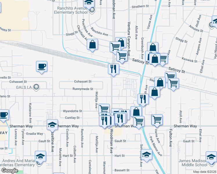 map of restaurants, bars, coffee shops, grocery stores, and more near 7439 Woodman Avenue in Los Angeles