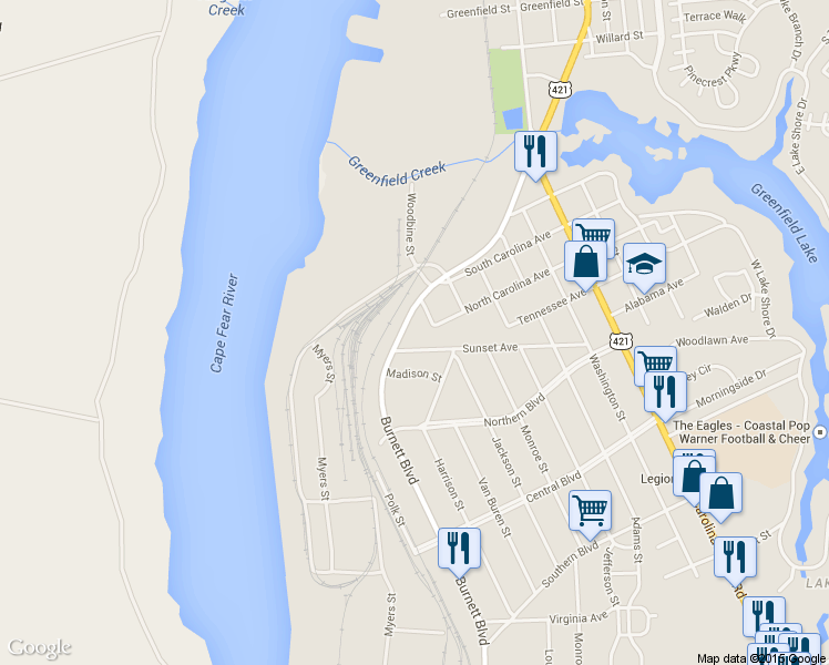 map of restaurants, bars, coffee shops, grocery stores, and more near 1917 Burnett Boulevard in Wilmington