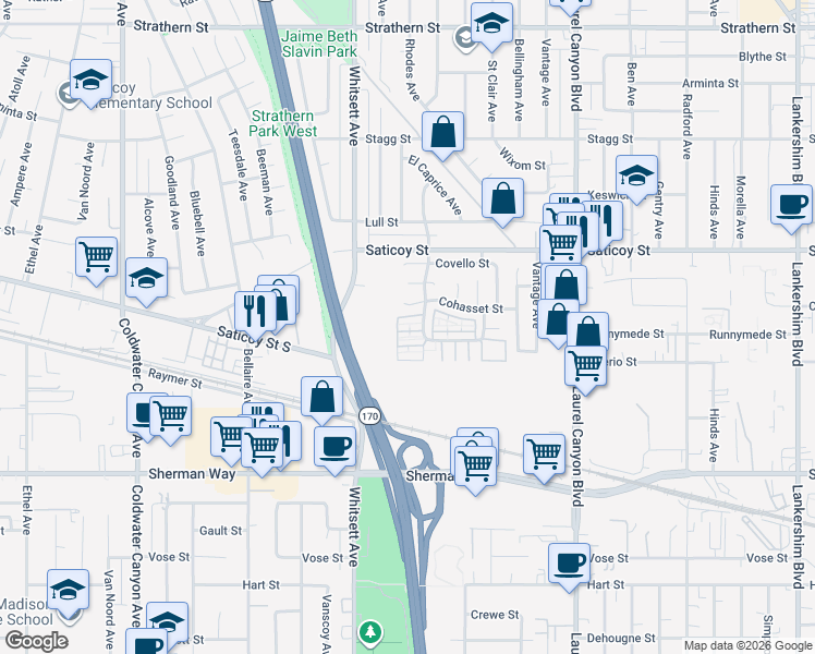map of restaurants, bars, coffee shops, grocery stores, and more near 7435 Shadyglade Avenue in Los Angeles