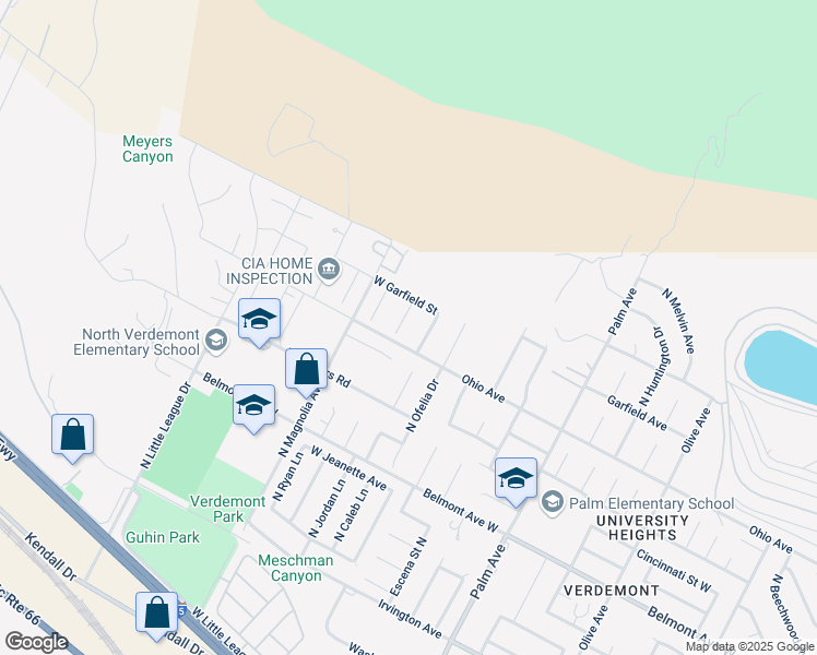 map of restaurants, bars, coffee shops, grocery stores, and more near 6923 Dinah Court in San Bernardino