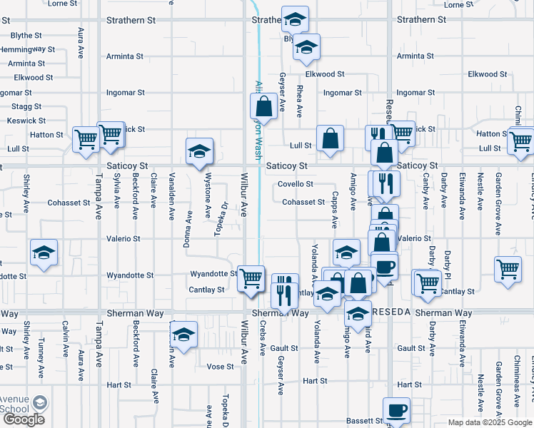 map of restaurants, bars, coffee shops, grocery stores, and more near 18825 Runnymede Street in Los Angeles