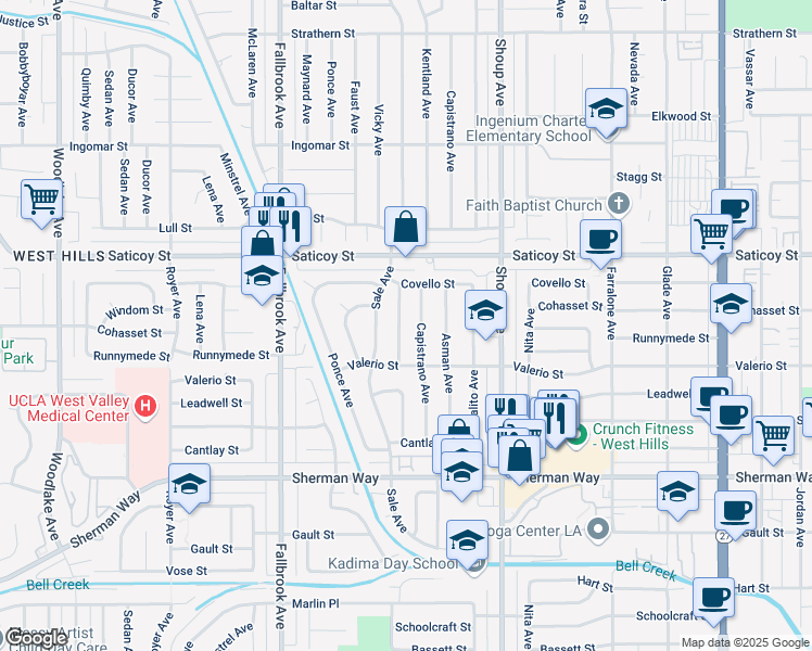 map of restaurants, bars, coffee shops, grocery stores, and more near 7446 Kentland Avenue in Los Angeles