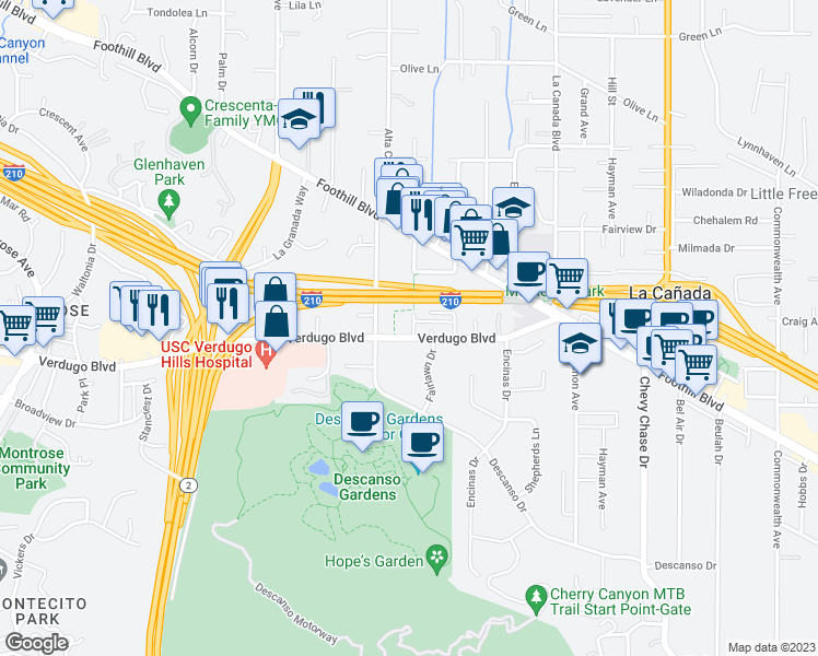 map of restaurants, bars, coffee shops, grocery stores, and more near 4409 Indiana Avenue in La Cañada Flintridge