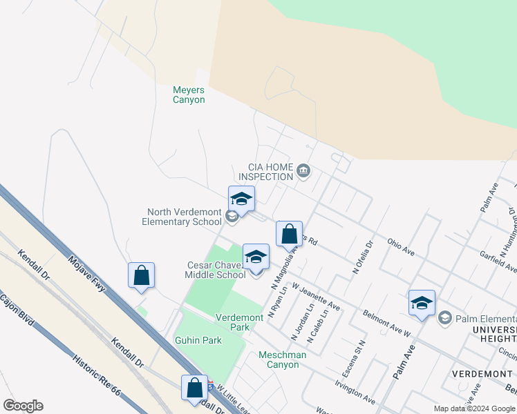 map of restaurants, bars, coffee shops, grocery stores, and more near 3555 West Meyers Road in San Bernardino