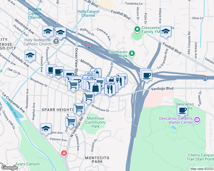 map of restaurants, bars, coffee shops, grocery stores, and more near in La Crescenta-Montrose