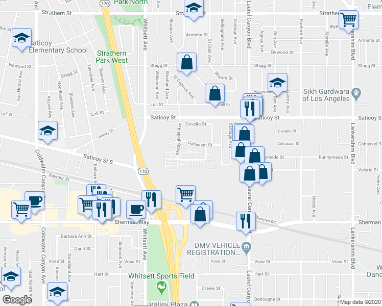 map of restaurants, bars, coffee shops, grocery stores, and more near 12301 Runnymede Street in Los Angeles