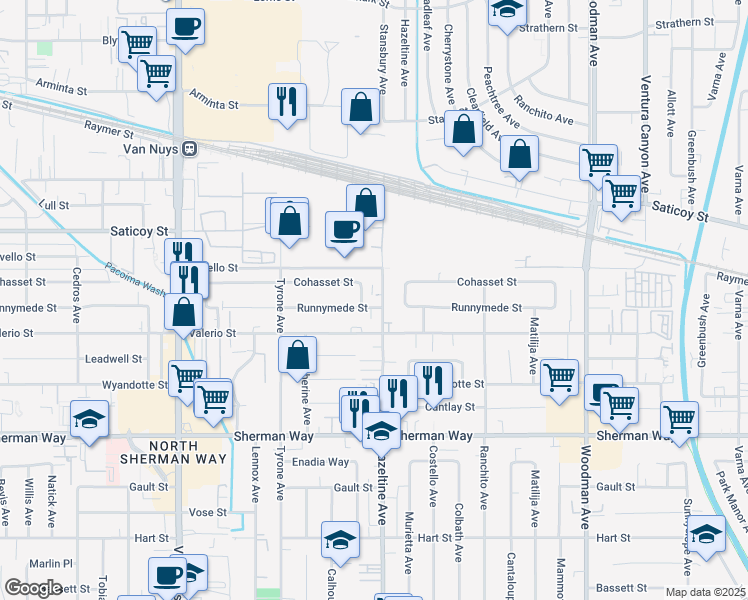 map of restaurants, bars, coffee shops, grocery stores, and more near 7432 Hazeltine Avenue in Los Angeles