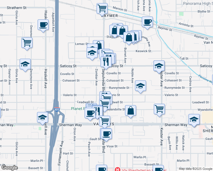 map of restaurants, bars, coffee shops, grocery stores, and more near 15235 Runnymede Street in Los Angeles