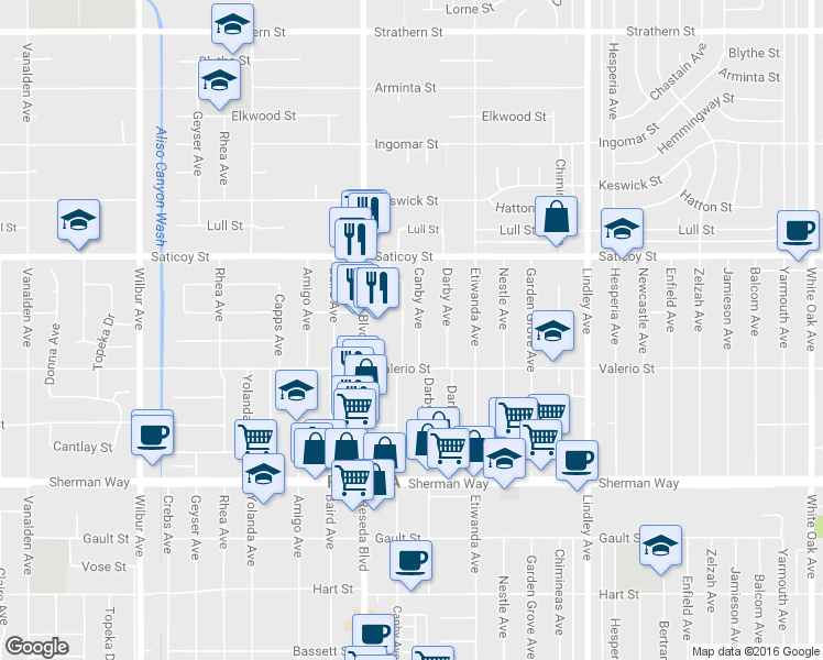 map of restaurants, bars, coffee shops, grocery stores, and more near 7445 Canby Avenue in Los Angeles