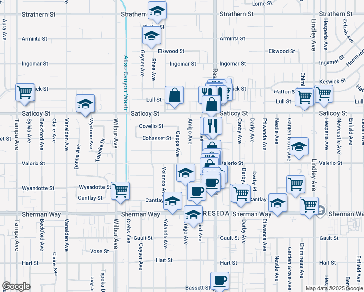 map of restaurants, bars, coffee shops, grocery stores, and more near 7442 Capps Avenue in Los Angeles