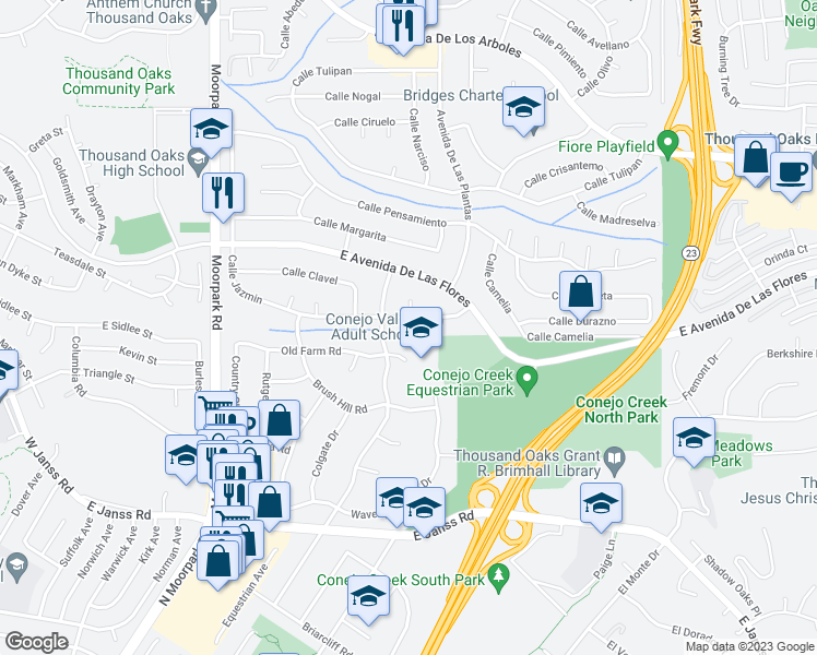 map of restaurants, bars, coffee shops, grocery stores, and more near 1090 Calle Jazmin in Thousand Oaks
