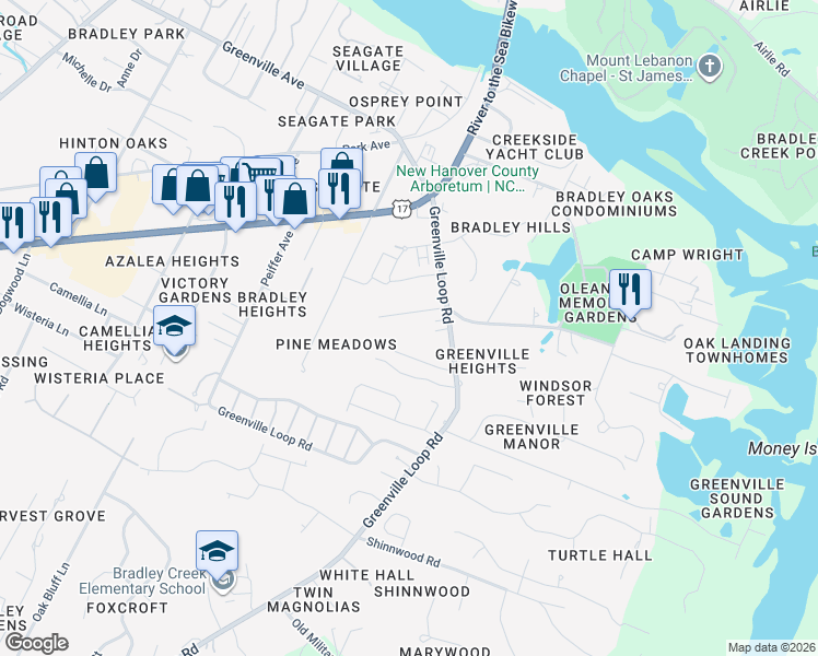 map of restaurants, bars, coffee shops, grocery stores, and more near 6126 Bailey Buck Rd in Wilmington