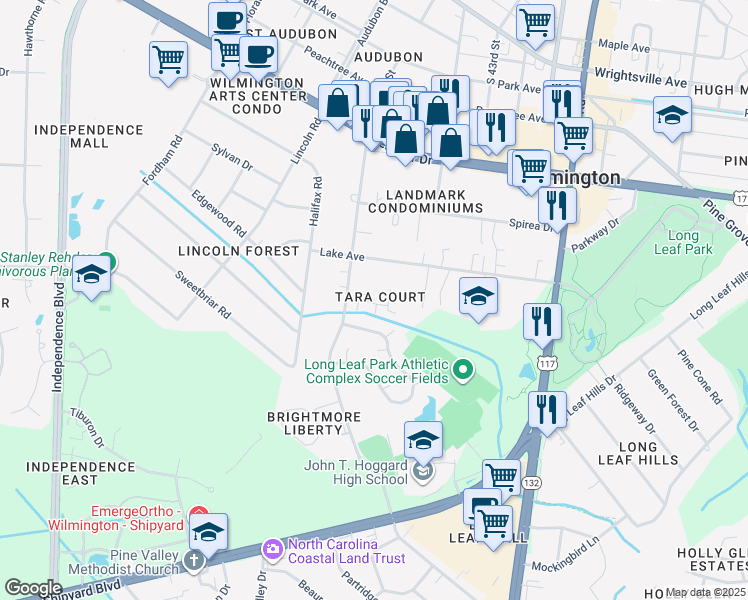 map of restaurants, bars, coffee shops, grocery stores, and more near 1707 Tara Court in Wilmington