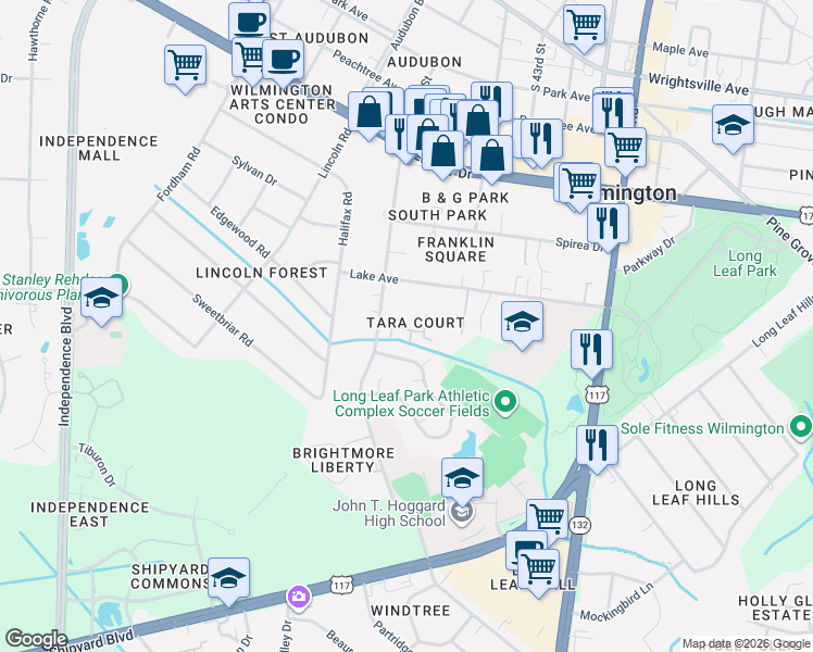 map of restaurants, bars, coffee shops, grocery stores, and more near 1707 Tara Court in Wilmington
