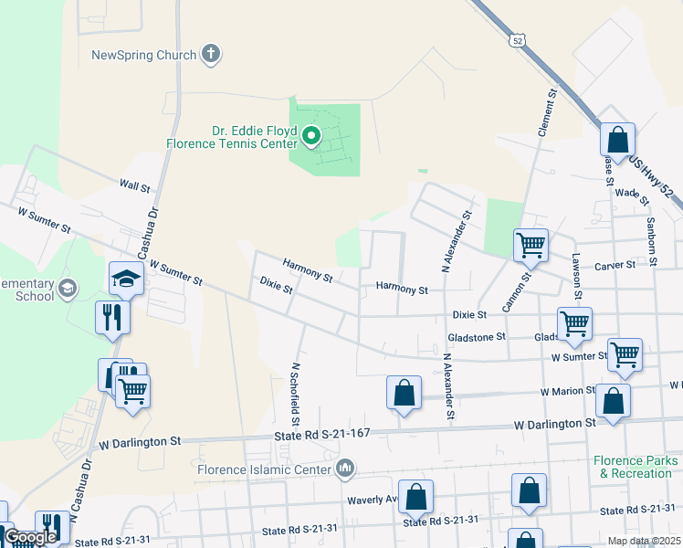 map of restaurants, bars, coffee shops, grocery stores, and more near 1209 Harmony Street in Florence