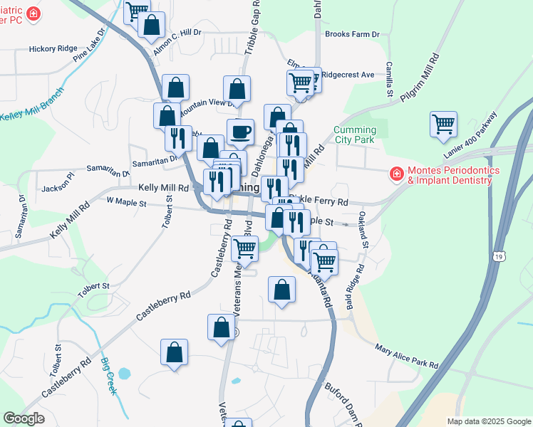 map of restaurants, bars, coffee shops, grocery stores, and more near Mason Street in Cumming