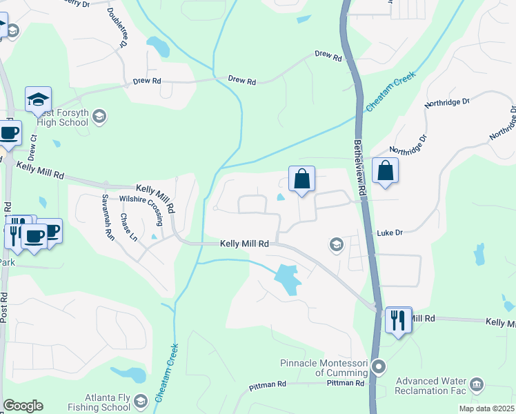map of restaurants, bars, coffee shops, grocery stores, and more near 4620 Westgate Drive in Cumming