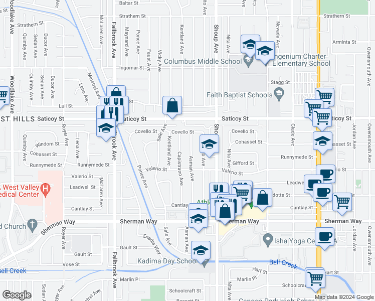 map of restaurants, bars, coffee shops, grocery stores, and more near 7447 Asman Avenue in Los Angeles