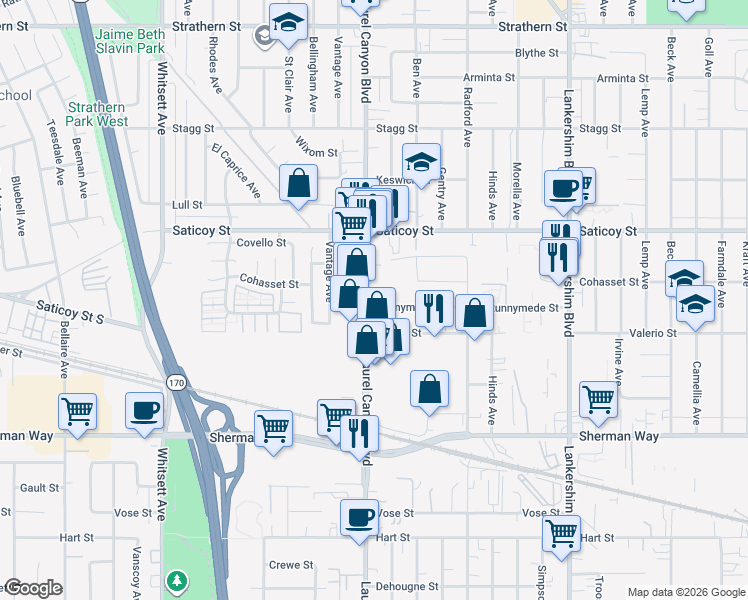 map of restaurants, bars, coffee shops, grocery stores, and more near 7440 Laurel Canyon Boulevard in Los Angeles