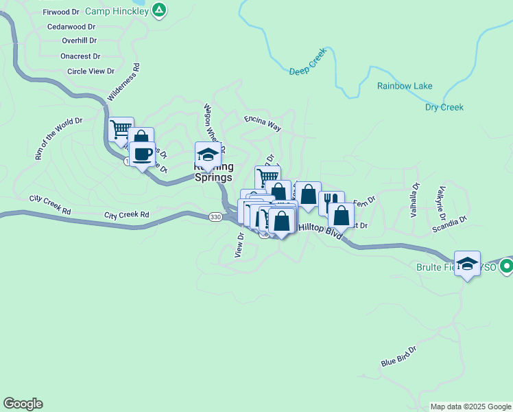 map of restaurants, bars, coffee shops, grocery stores, and more near 2637 Secret Drive in Running Springs