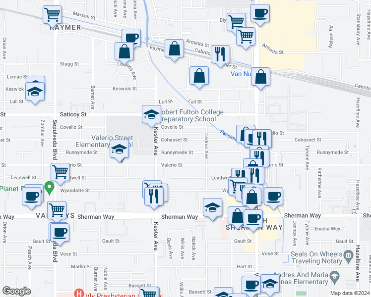 map of restaurants, bars, coffee shops, grocery stores, and more near 14753 Runnymede Street in Los Angeles