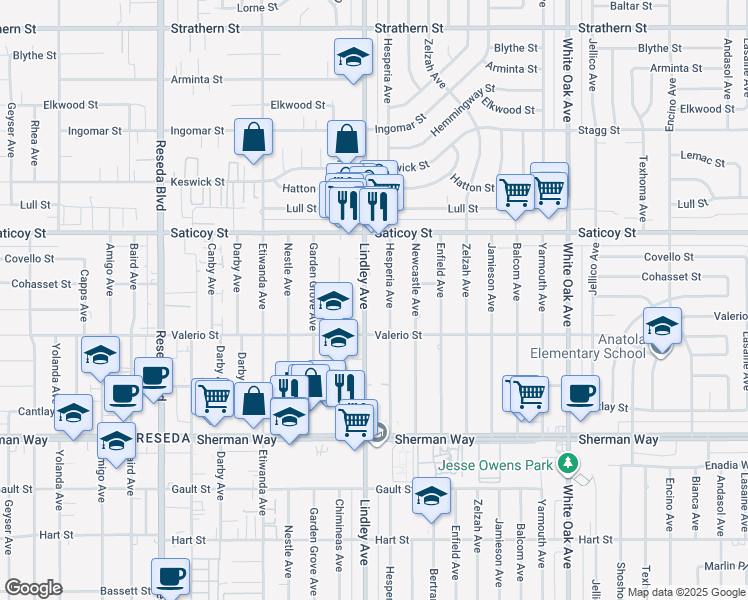 map of restaurants, bars, coffee shops, grocery stores, and more near 7442 Lindley Avenue in Los Angeles