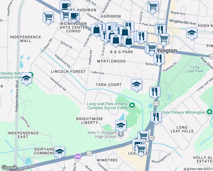 map of restaurants, bars, coffee shops, grocery stores, and more near 1707 Tara Court in Wilmington