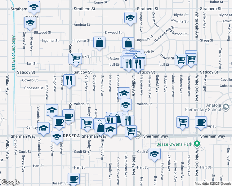 map of restaurants, bars, coffee shops, grocery stores, and more near 7447 Garden Grove Avenue in Los Angeles