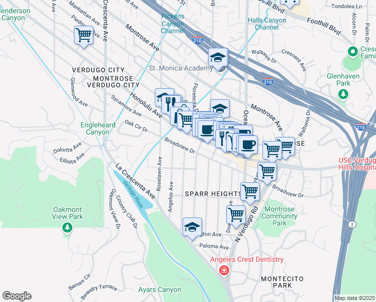 map of restaurants, bars, coffee shops, grocery stores, and more near 3658 Sierra Vista Avenue in Glendale