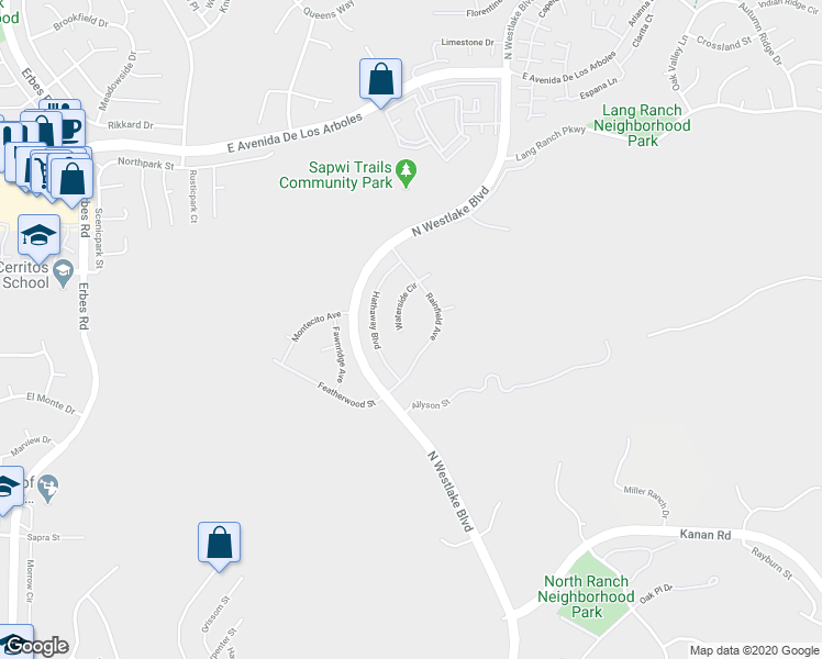 map of restaurants, bars, coffee shops, grocery stores, and more near 2046 Waterside Circle in Westlake Village