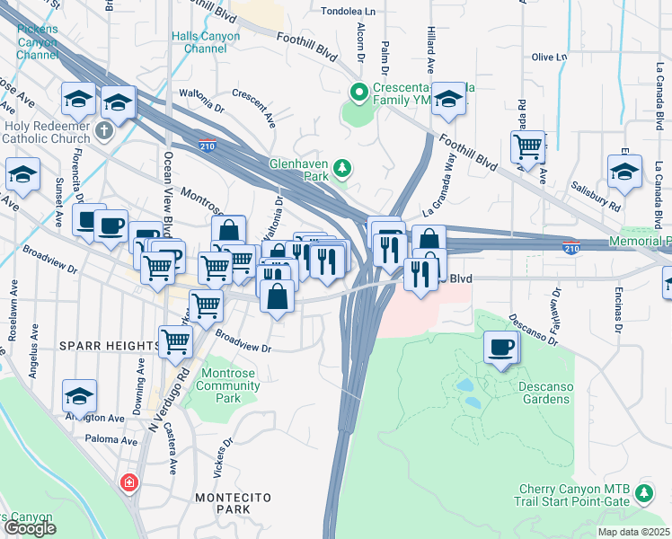 map of restaurants, bars, coffee shops, grocery stores, and more near 1932 Hilldale Drive in La Cañada Flintridge