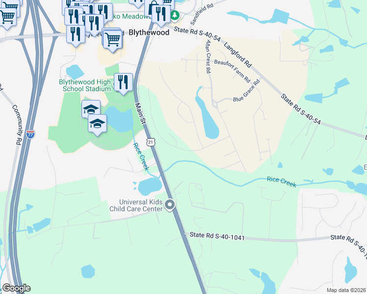 map of restaurants, bars, coffee shops, grocery stores, and more near 10826-10832 Wilson Boulevard in Blythewood